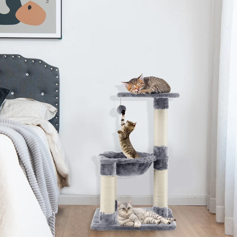 Costway - Arbre à Chat, Griffoir Chat, avec Griffoir de Sisal, Hamac Confortable, Balle Suspendue à Jouer Grande Plate-forme, 40x40x64cm, Gris