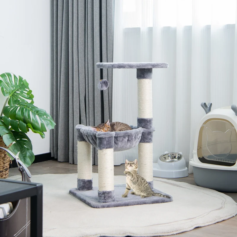 Costway - Arbre à Chat, Griffoir Chat, avec Griffoir de Sisal, Hamac Confortable, Balle Suspendue à Jouer Grande Plate-forme, 40x40x64cm, Gris