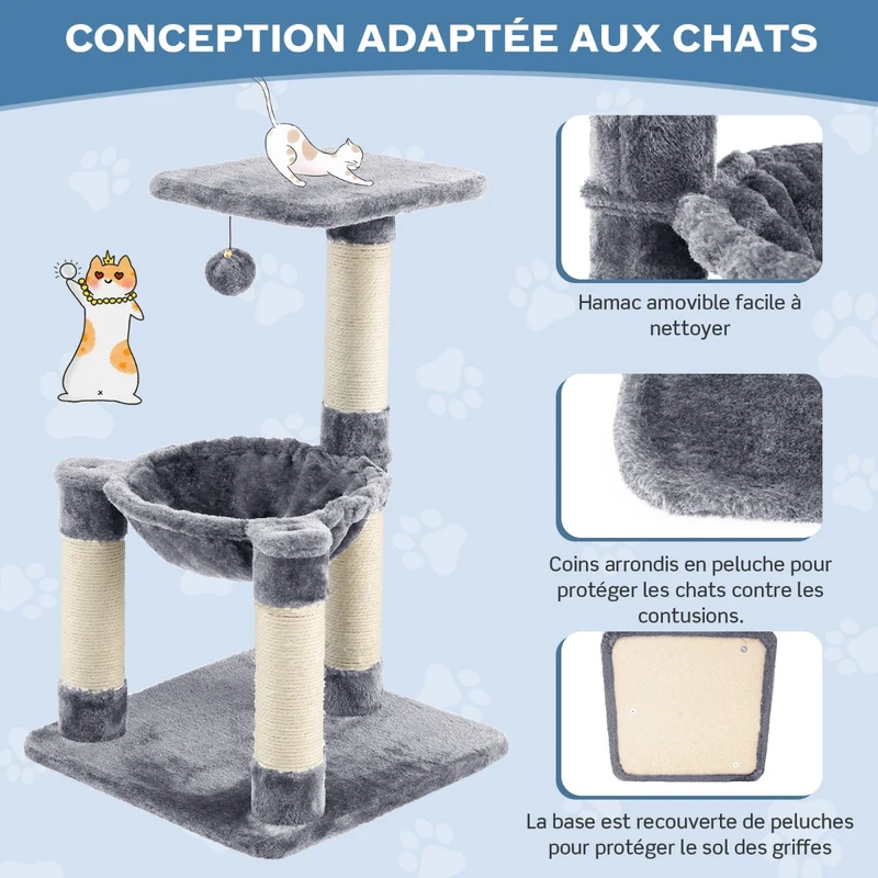 Costway - Arbre à Chat, Griffoir Chat, avec Griffoir de Sisal, Hamac Confortable, Balle Suspendue à Jouer Grande Plate-forme, 40x40x64cm, Gris
