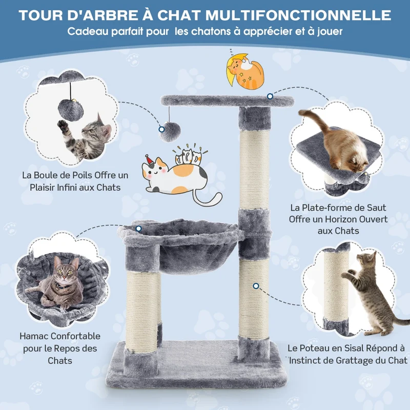 Costway - Arbre à Chat, Griffoir Chat, avec Griffoir de Sisal, Hamac Confortable, Balle Suspendue à Jouer Grande Plate-forme, 40x40x64cm, Gris