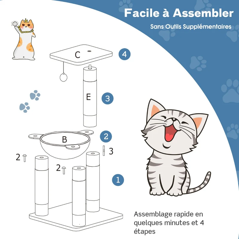 Costway - Arbre à Chat, Griffoir Chat, avec Griffoir de Sisal, Hamac Confortable, Balle Suspendue à Jouer Grande Plate-forme, 40x40x64cm, Gris