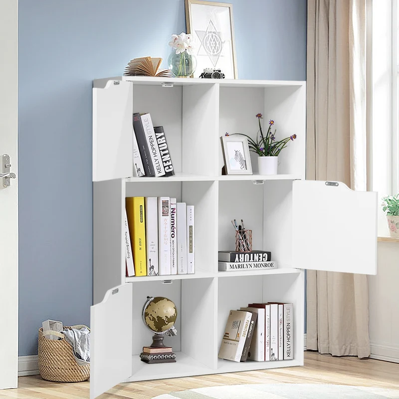 Costway - Etagere Salon, Etagere de Rangement, Étagère Bibliothèque, Casier avec 6 Compartiments 3 Ouverts et 3 avec Portes, Capacité 30 kg, Blanc