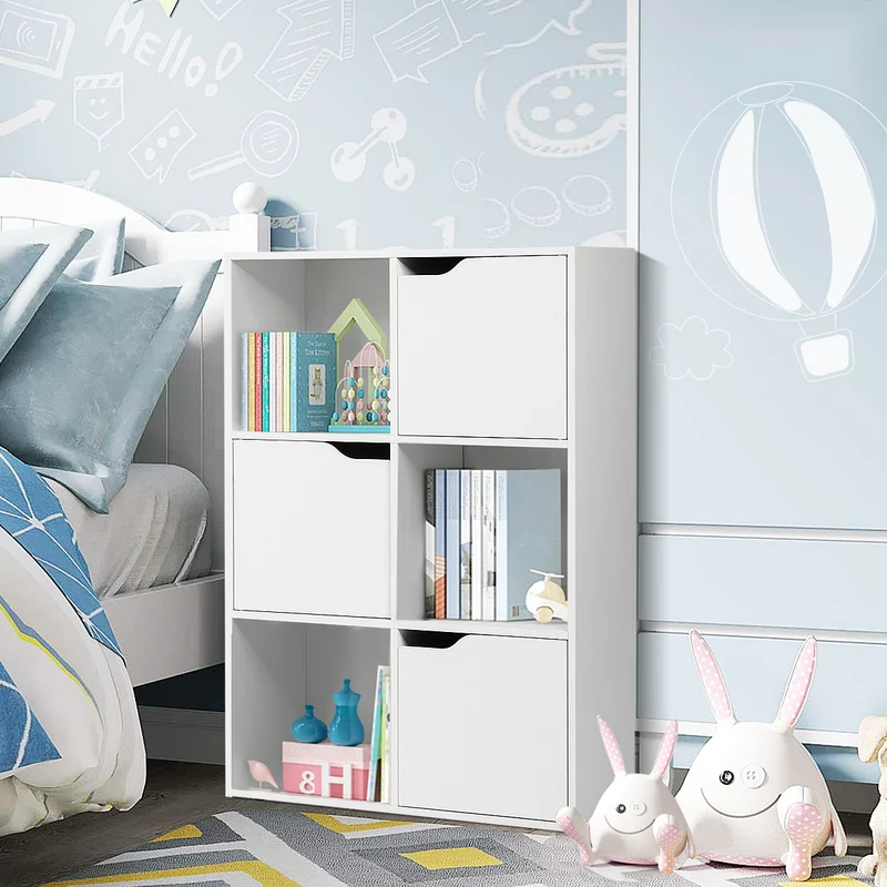 Costway - Etagere Salon, Etagere de Rangement, Étagère Bibliothèque, Casier avec 6 Compartiments 3 Ouverts et 3 avec Portes, Capacité 30 kg, Blanc