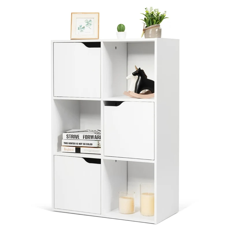 Costway - Etagere Salon, Etagere de Rangement, Étagère Bibliothèque, Casier avec 6 Compartiments 3 Ouverts et 3 avec Portes, Capacité 30 kg, Blanc