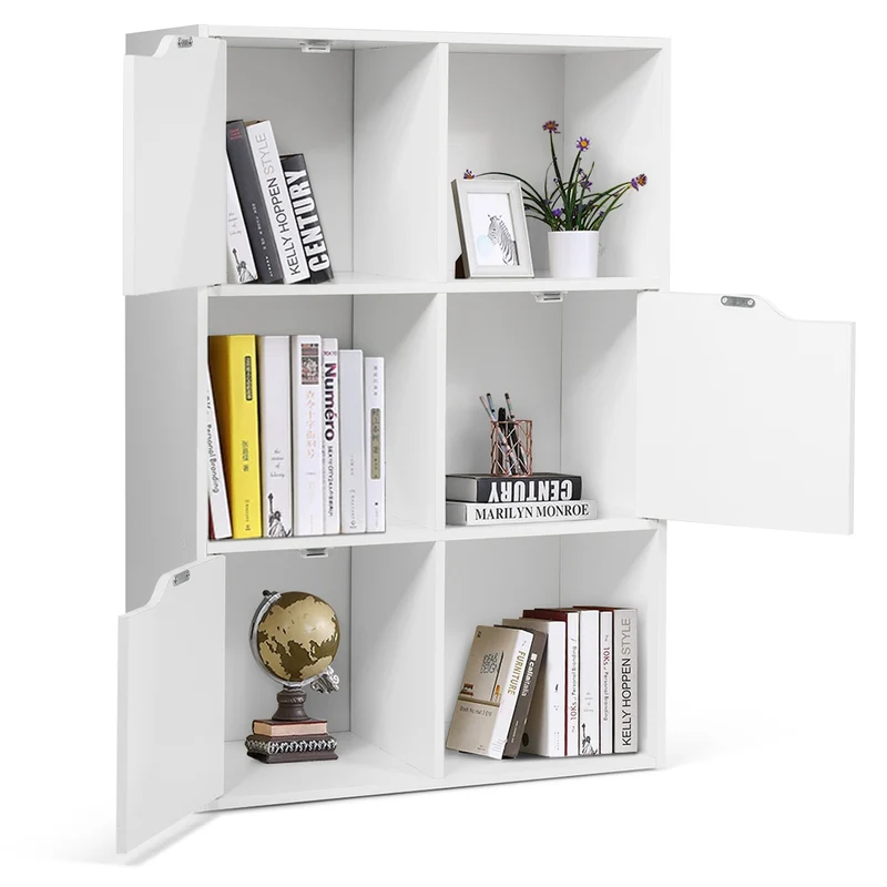 Costway - Etagere Salon, Etagere de Rangement, Étagère Bibliothèque, Casier avec 6 Compartiments 3 Ouverts et 3 avec Portes, Capacité 30 kg, Blanc