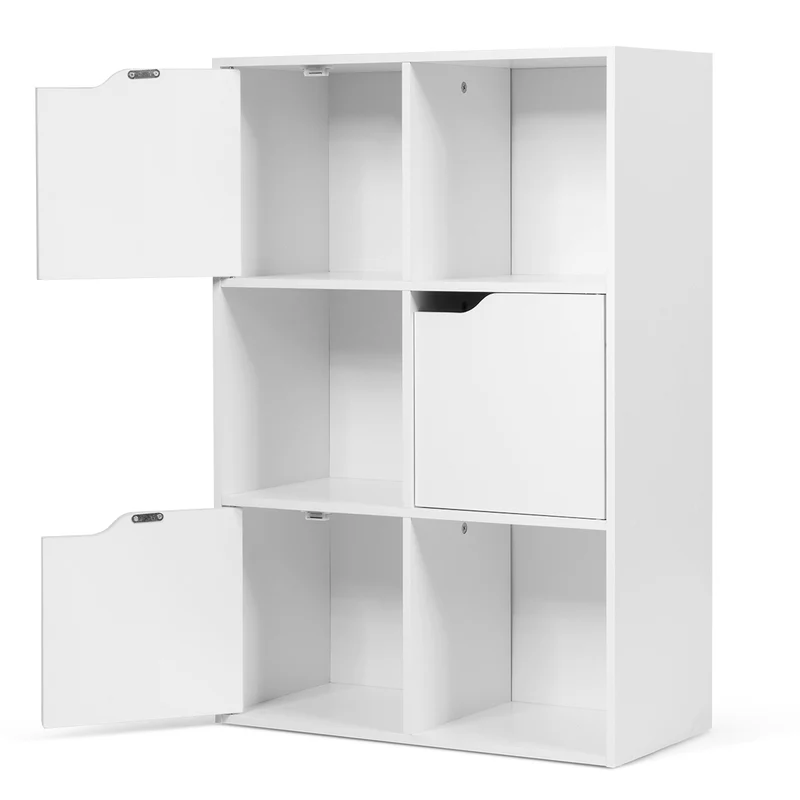 Costway - Etagere Salon, Etagere de Rangement, Étagère Bibliothèque, Casier avec 6 Compartiments 3 Ouverts et 3 avec Portes, Capacité 30 kg, Blanc