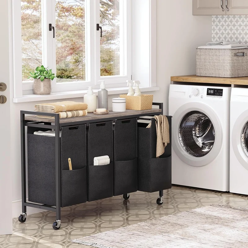 HOOBRO - Panier à Linge, sur Roulette, 4 x 39,8 L, Corbeille à Linge, avec Étagère, 4 Sacs Amovibles en Tissu Oxford, Cadre en Métal, Grège Noir