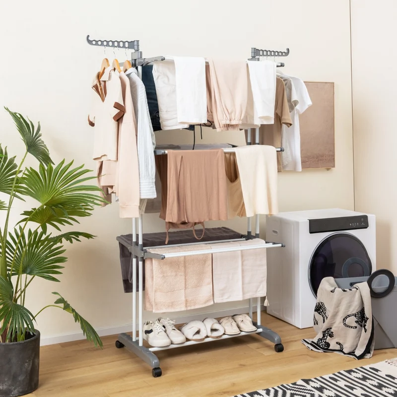 Costway - Etendoir a Linge Pliable, avec Ailes Latérales Rotatives et Étagères Pliables pour une Utilisation en Intérieur et en Extérieur, Gris