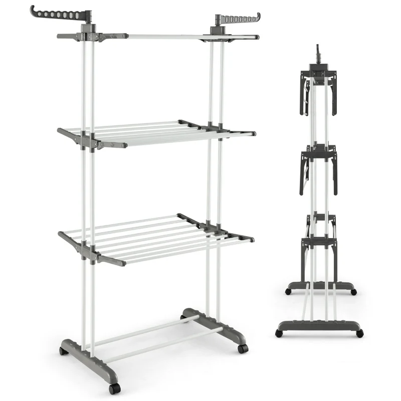 Costway - Etendoir a Linge Pliable, avec Ailes Latérales Rotatives et Étagères Pliables pour une Utilisation en Intérieur et en Extérieur, Gris