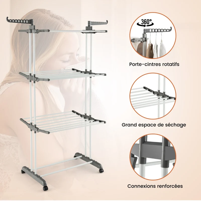 Costway - Etendoir a Linge Pliable, avec Ailes Latérales Rotatives et Étagères Pliables pour une Utilisation en Intérieur et en Extérieur, Gris