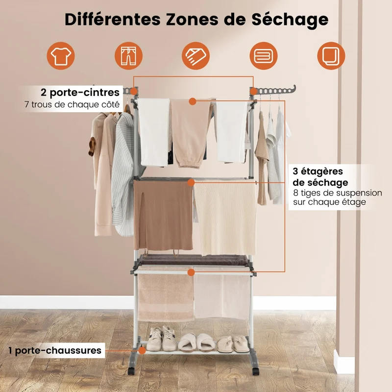Costway - Etendoir a Linge Pliable, avec Ailes Latérales Rotatives et Étagères Pliables pour une Utilisation en Intérieur et en Extérieur, Gris