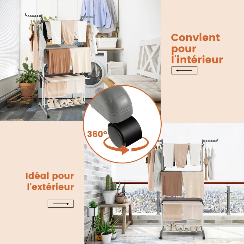 Costway - Etendoir a Linge Pliable, avec Ailes Latérales Rotatives et Étagères Pliables pour une Utilisation en Intérieur et en Extérieur, Gris