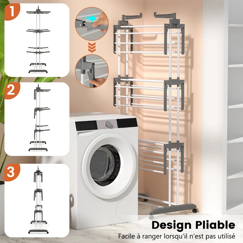 Costway - Etendoir a Linge Pliable, avec Ailes Latérales Rotatives et Étagères Pliables pour une Utilisation en Intérieur et en Extérieur, Gris