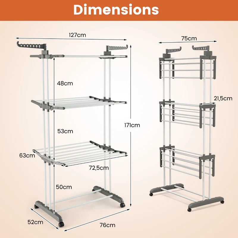 Costway - Etendoir a Linge Pliable, avec Ailes Latérales Rotatives et Étagères Pliables pour une Utilisation en Intérieur et en Extérieur, Gris