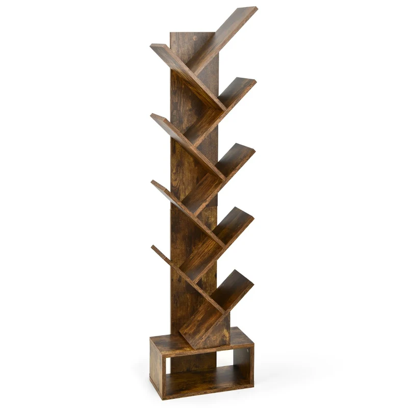 Costway - Étagère Bibliothèque, Etagere Colonne, Etagere Salon, Etagere de Rangement, 10 Niveaux avec Tiroir, pour CD DVD et Livres, Brun Rustique