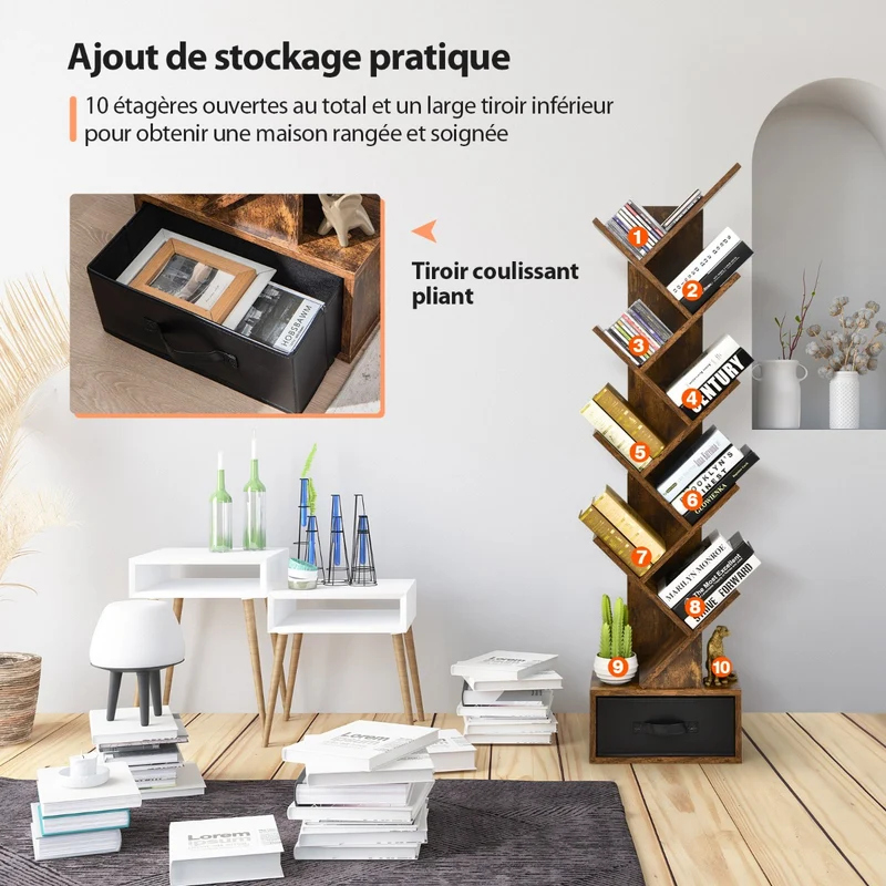 Costway - Étagère Bibliothèque, Etagere Colonne, Etagere Salon, Etagere de Rangement, 10 Niveaux avec Tiroir, pour CD DVD et Livres, Brun Rustique