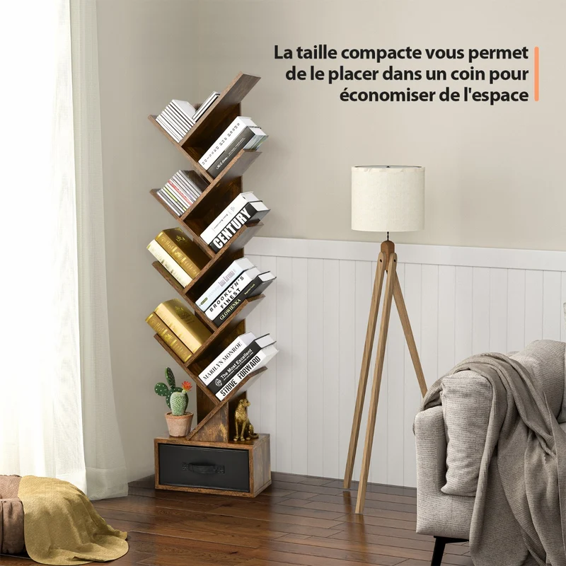 Costway - Étagère Bibliothèque, Etagere Colonne, Etagere Salon, Etagere de Rangement, 10 Niveaux avec Tiroir, pour CD DVD et Livres, Brun Rustique