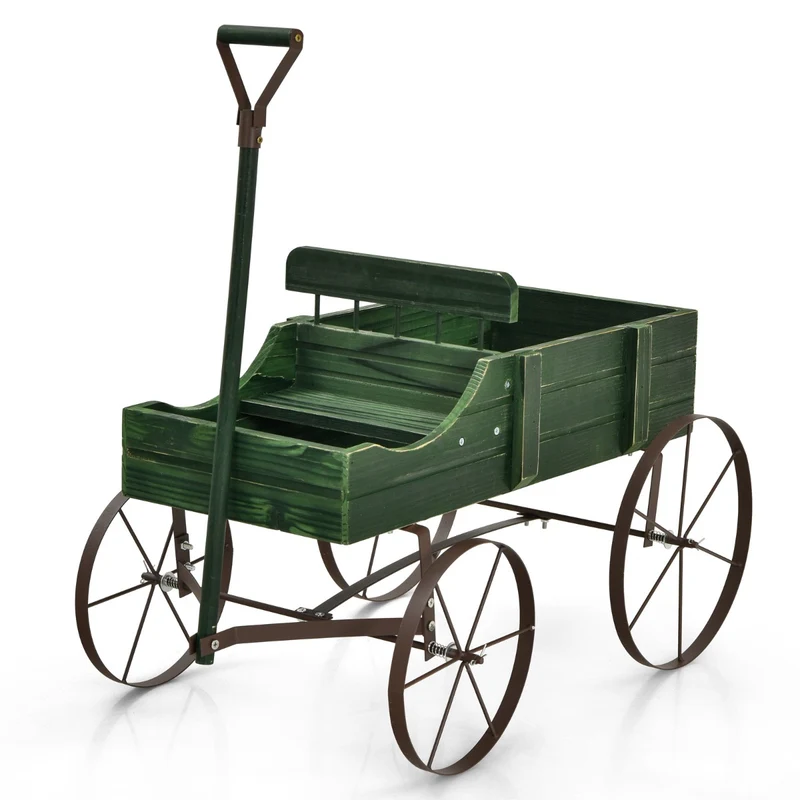 Costway - Support Plante, Support pot de Fleur, Brouette Décorative en Bois avec 2 Compartiments à Planter Roues Métalliques, Charge 15kg, Vert