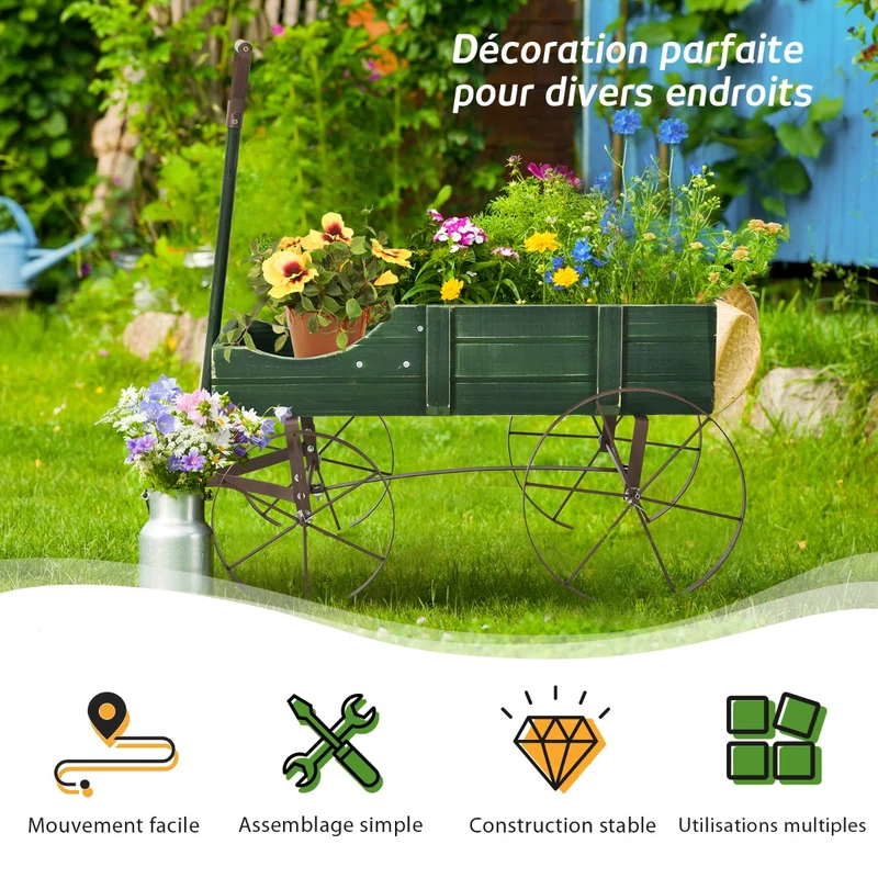 Costway - Support Plante, Support pot de Fleur, Brouette Décorative en Bois avec 2 Compartiments à Planter Roues Métalliques, Charge 15kg, Vert