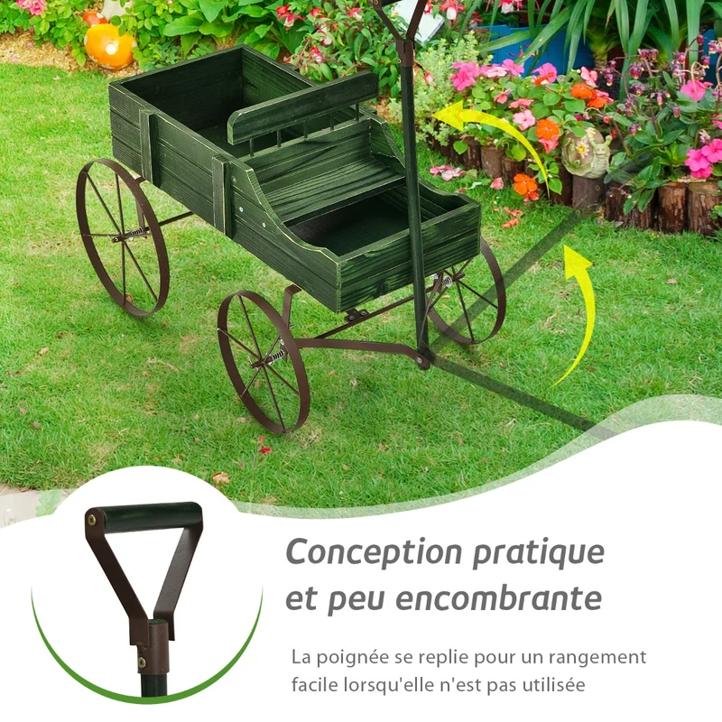Costway - Support Plante, Support pot de Fleur, Brouette Décorative en Bois avec 2 Compartiments à Planter Roues Métalliques, Charge 15kg, Vert