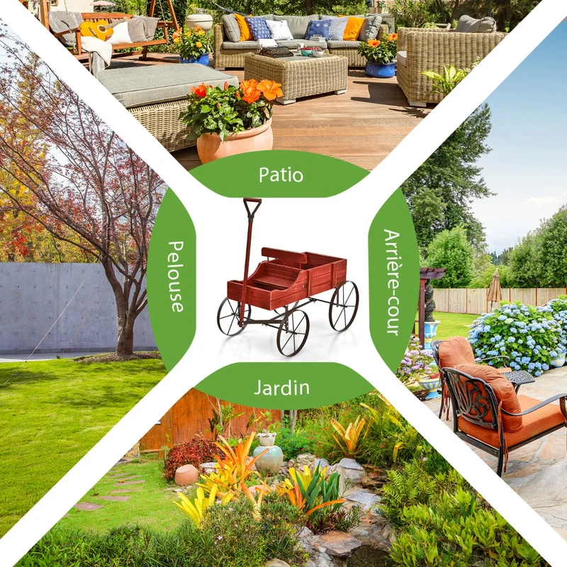 Costway - Support Plante, Support pot de Fleur, Brouette Décorative en Bois avec 2 Compartiments à Planter Roues Métalliques, Charge 15kg, Rouge