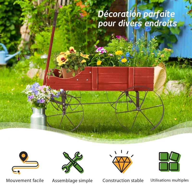 Costway - Support Plante, Support pot de Fleur, Brouette Décorative en Bois avec 2 Compartiments à Planter Roues Métalliques, Charge 15kg, Rouge