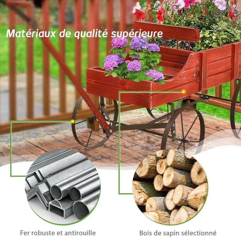 Costway - Support Plante, Support pot de Fleur, Brouette Décorative en Bois avec 2 Compartiments à Planter Roues Métalliques, Charge 15kg, Rouge