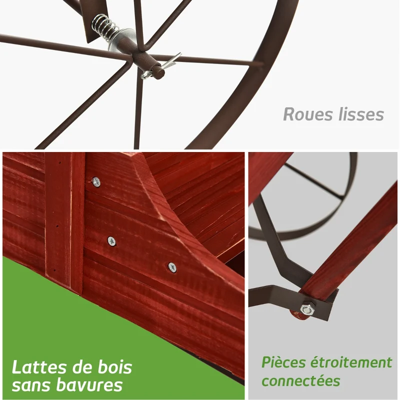 Costway - Support Plante, Support pot de Fleur, Brouette Décorative en Bois avec 2 Compartiments à Planter Roues Métalliques, Charge 15kg, Rouge
