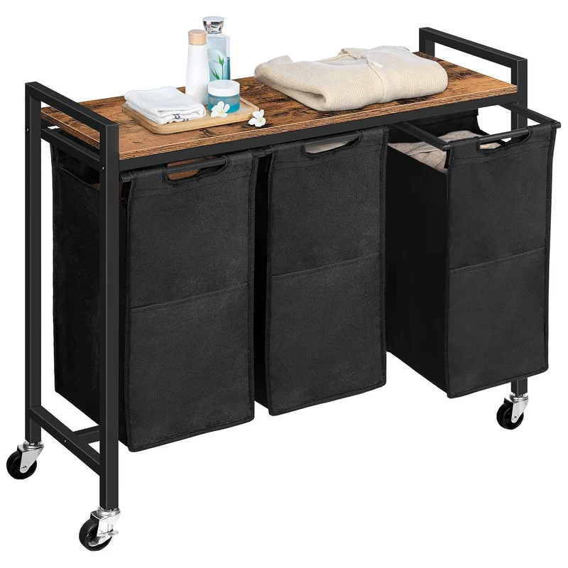 HOOBRO - Panier à Linge, sur Roulette, 3 x 39,8 L, Corbeille à Linge, avec Étagère, 3 Compartiment en Tissu Oxford, Cadre en Métal, Marron et Noir
