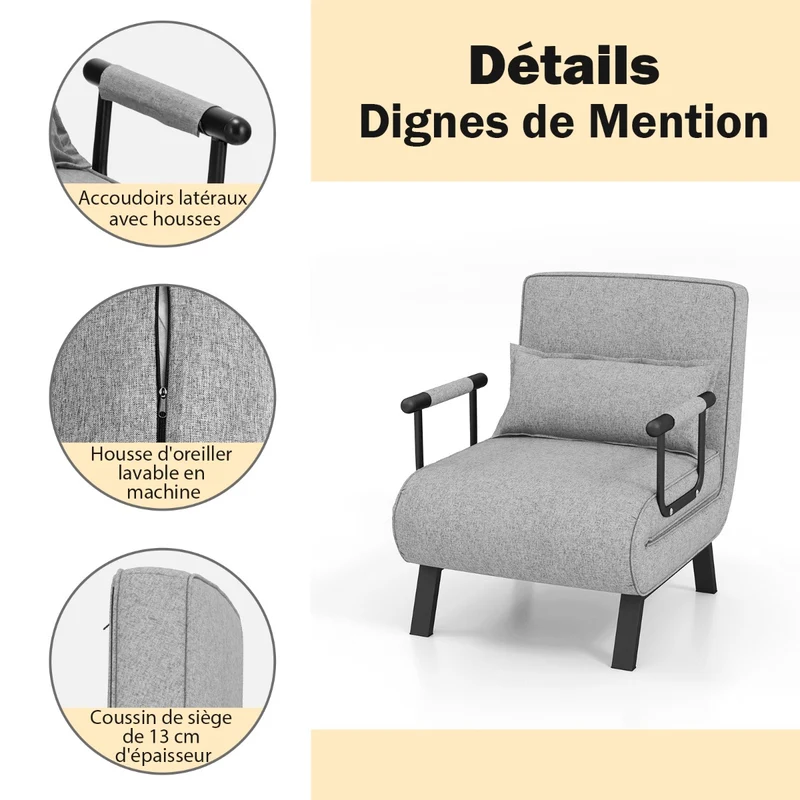 Costway - Fauteuil Convertible, Dossier Réglable en 6 Positions, Canapé Lit 1 Place, Fauteuil Confortable, Fauteuil Salon, avec Oreiller, Gris Clair