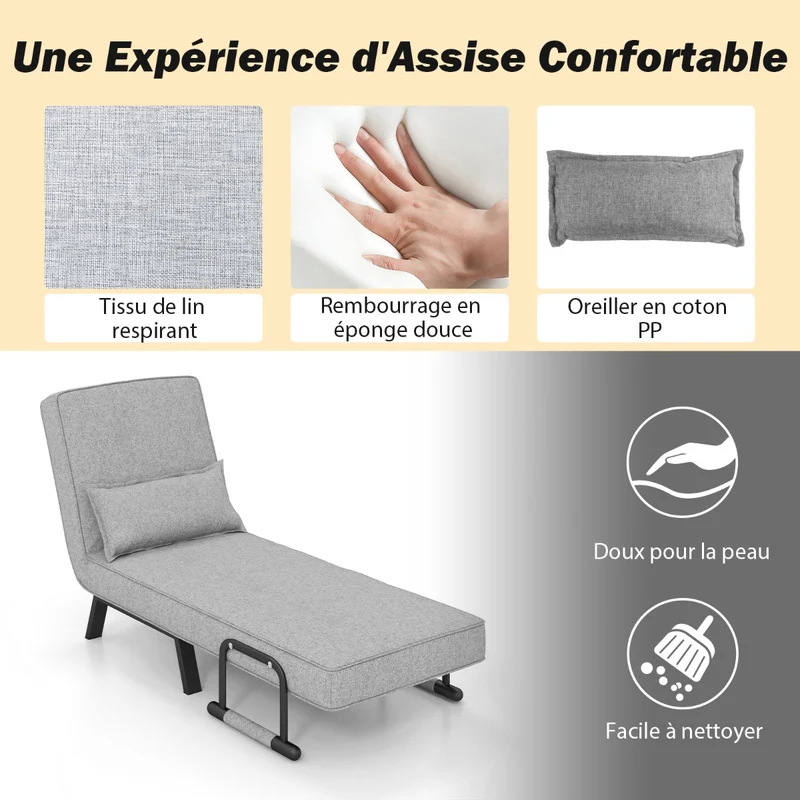 Costway - Fauteuil Convertible, Dossier Réglable en 6 Positions, Canapé Lit 1 Place, Fauteuil Confortable, Fauteuil Salon, avec Oreiller, Gris Clair