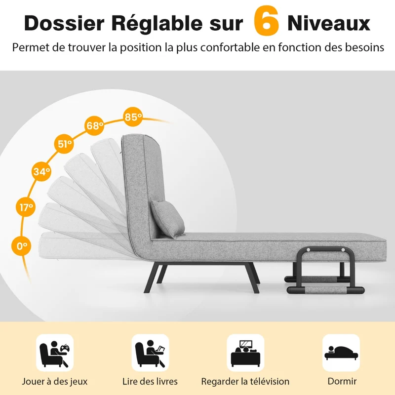 Costway - Fauteuil Convertible, Dossier Réglable en 6 Positions, Canapé Lit 1 Place, Fauteuil Confortable, Fauteuil Salon, avec Oreiller, Gris Clair