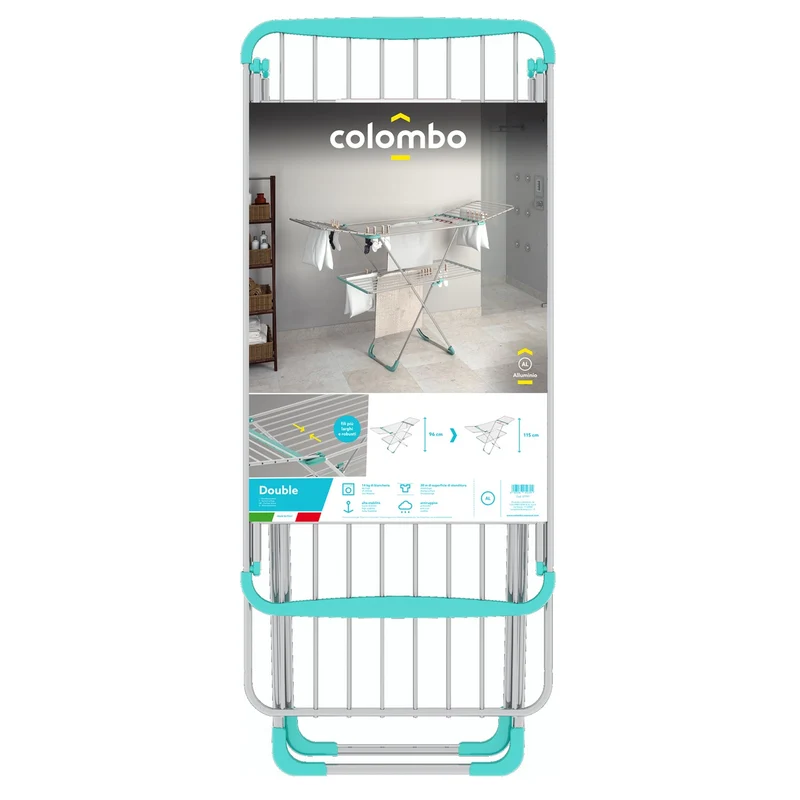 Colombo Double - Grand étendoir à linge pliable à 2 niveaux avec ailes, 30 m, aluminium antirouille, fabriqué en Italie