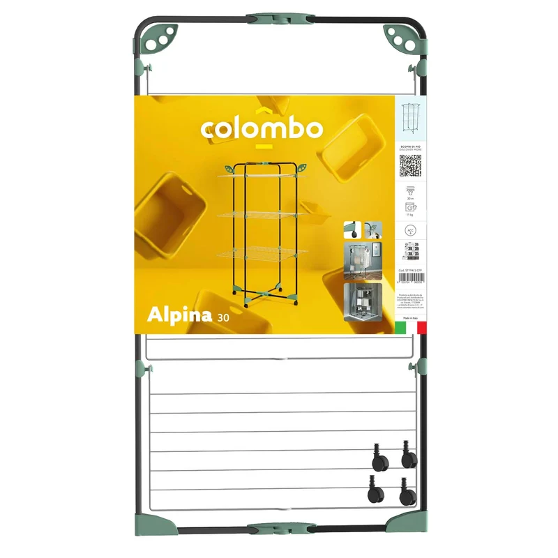 Colombo Alpina 30 - Étendoir Intérieur Tour a Roulettes, Séchoir à Linge Pliable, Tancarville Linge, Crochets pour Cintres, 30 m d'espace de Séchage