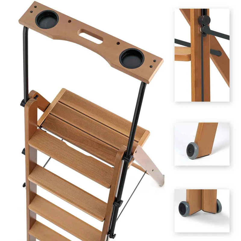 ARIT TUSCANIA 6 – Escabeau en bois, 6 marches antidérapantes, pliable, système de sécurité, compartiment supérieur, roulettes