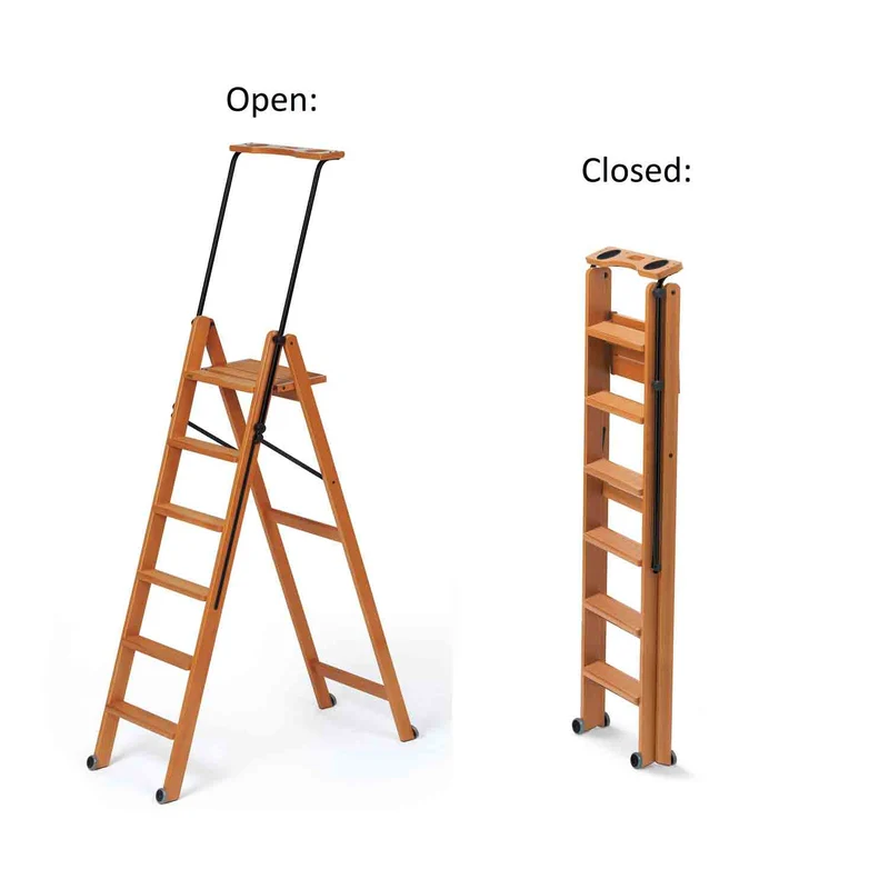 ARIT TUSCANIA 6 – Escabeau en bois, 6 marches antidérapantes, pliable, système de sécurité, compartiment supérieur, roulettes