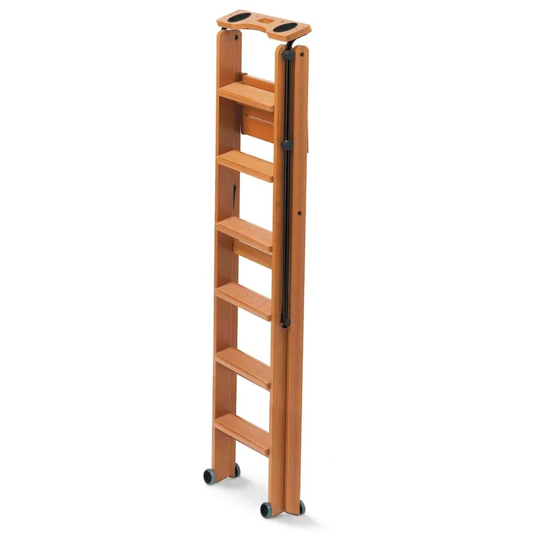 ARIT TUSCANIA 6 – Escabeau en bois, 6 marches antidérapantes, pliable, système de sécurité, compartiment supérieur, roulettes
