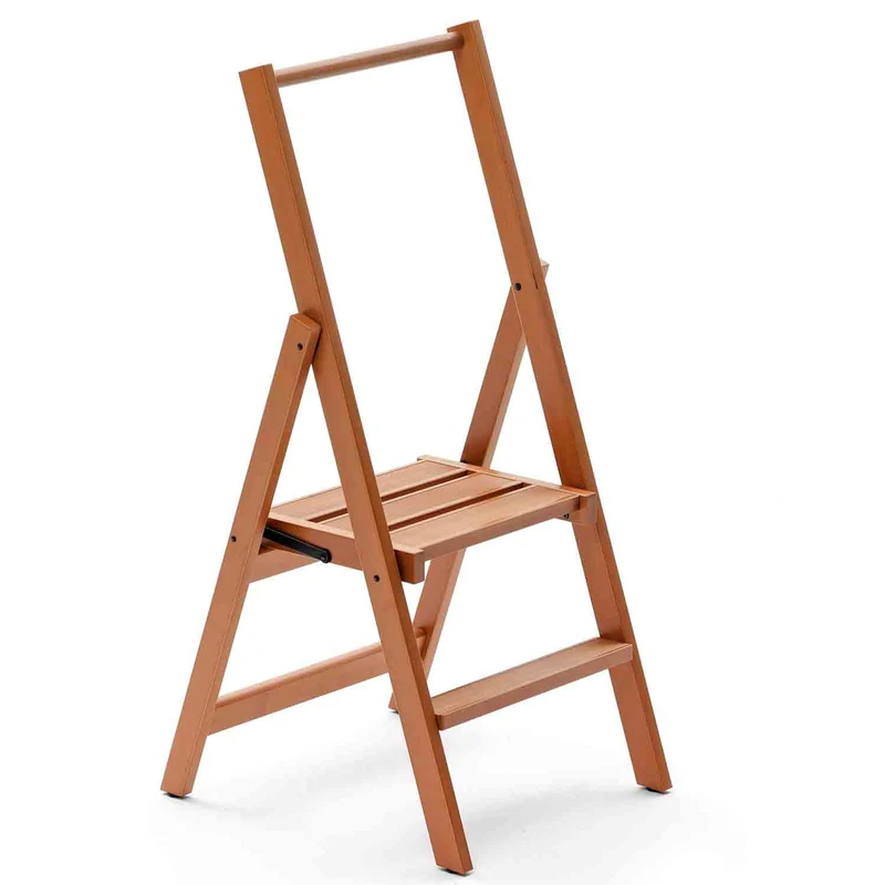 ARIT KIMORA 2 - Escabeau en bois pliable, 2 marches antidérapantes, large plateforme, couleur cerisier
