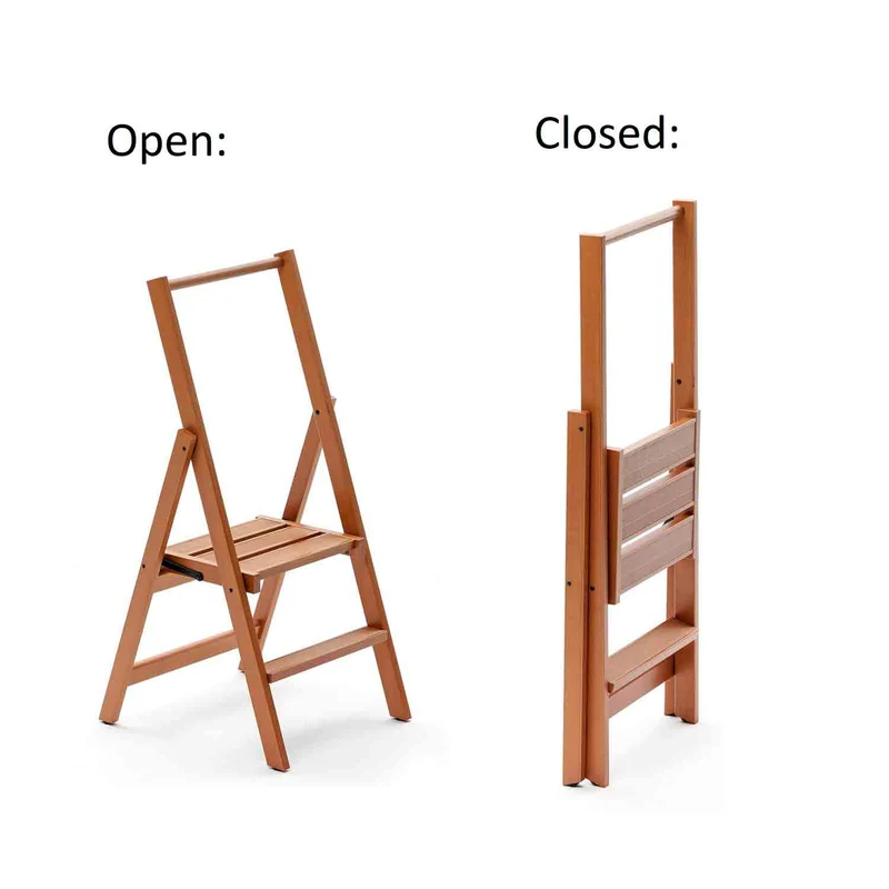 ARIT KIMORA 2 - Escabeau en bois pliable, 2 marches antidérapantes, large plateforme, couleur cerisier