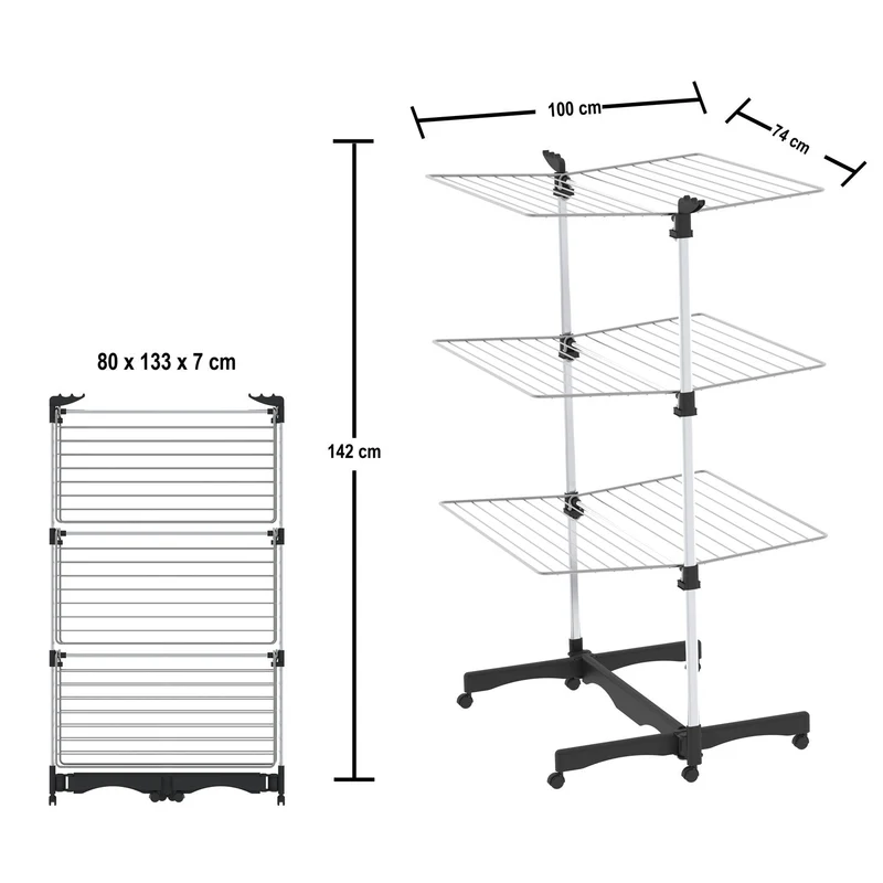Colombo Vertical - Séchoir Tour, 40m, Étendoir à Linge Tour Pliable avec Barre pour Cintres en Roulletes, 3 Niveaux, Fabrique en Italie