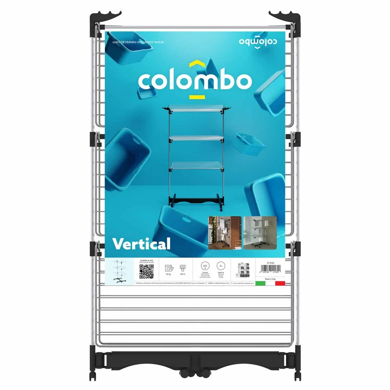 Colombo Vertical - Séchoir Tour, 40m, Étendoir à Linge Tour Pliable avec Barre pour Cintres en Roulletes, 3 Niveaux, Fabrique en Italie