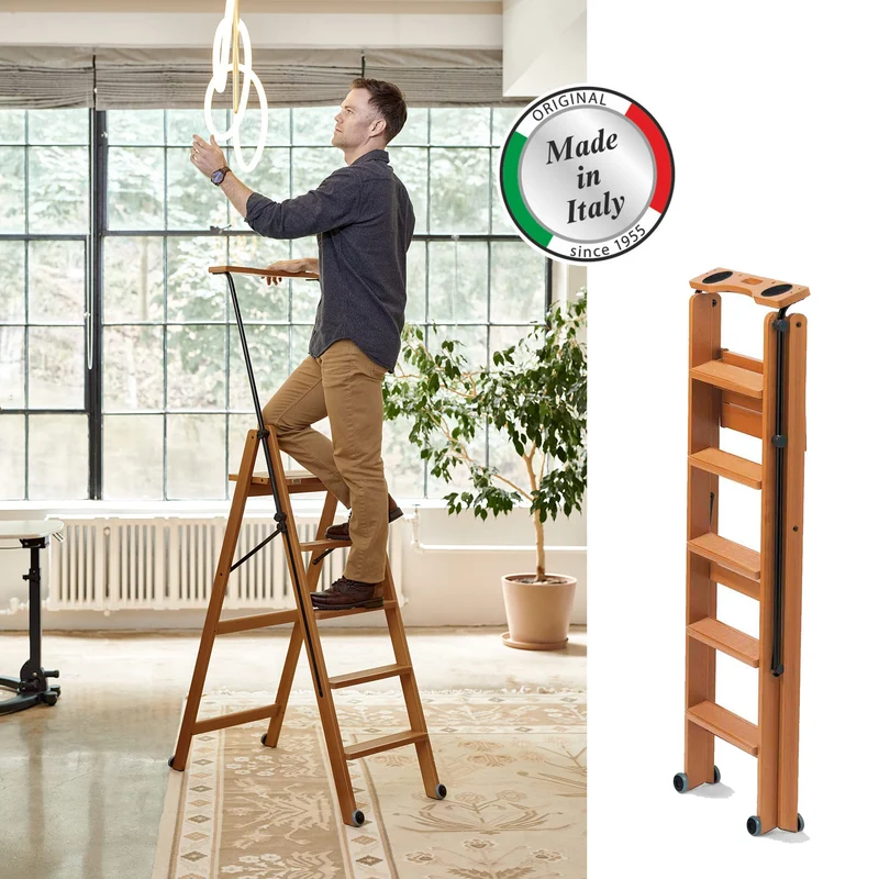 ARIT TUSCANIA 5 - Escabeau Bois, 5 Marches antidérapantes, Escabeau Pliable, Système de Sécurité, Compartiment de rangement supérieur, Roulettes