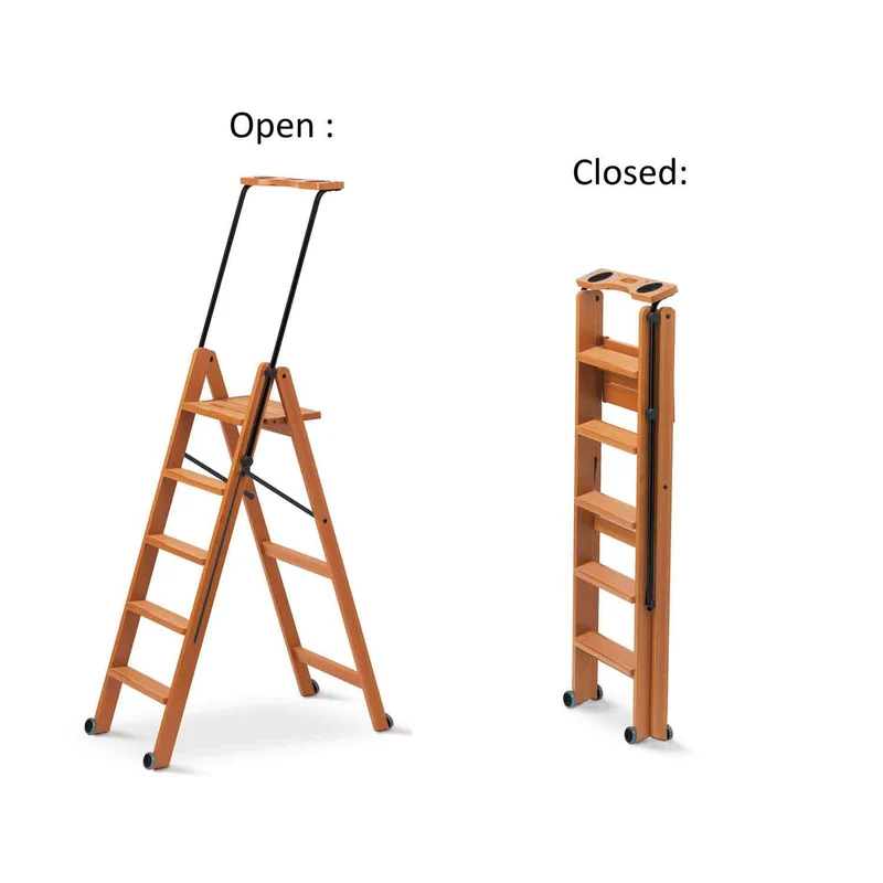 ARIT TUSCANIA 5 - Escabeau Bois, 5 Marches antidérapantes, Escabeau Pliable, Système de Sécurité, Compartiment de rangement supérieur, Roulettes