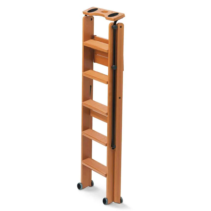 ARIT TUSCANIA 5 - Escabeau Bois, 5 Marches antidérapantes, Escabeau Pliable, Système de Sécurité, Compartiment de rangement supérieur, Roulettes