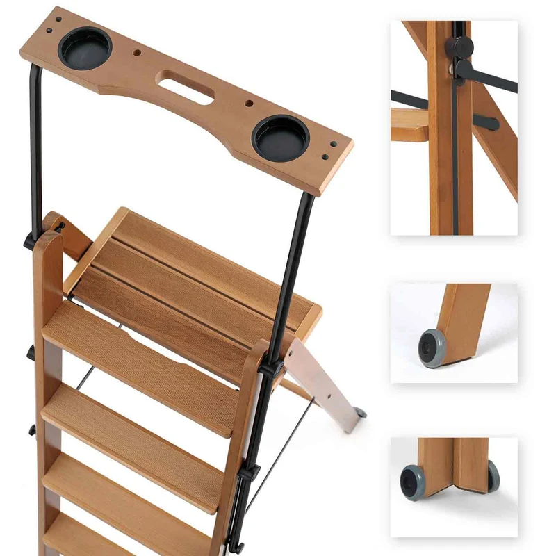 ARIT TUSCANIA 5 - Escabeau Bois, 5 Marches antidérapantes, Escabeau Pliable, Système de Sécurité, Compartiment de rangement supérieur, Roulettes