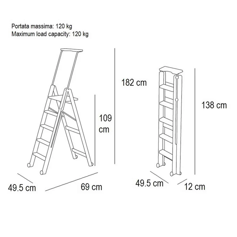 ARIT TUSCANIA 5 - Escabeau Bois, 5 Marches antidérapantes, Escabeau Pliable, Système de Sécurité, Compartiment de rangement supérieur, Roulettes