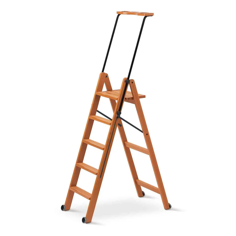 ARIT TUSCANIA 5 - Escabeau Bois, 5 Marches antidérapantes, Escabeau Pliable, Système de Sécurité, Compartiment de rangement supérieur, Roulettes