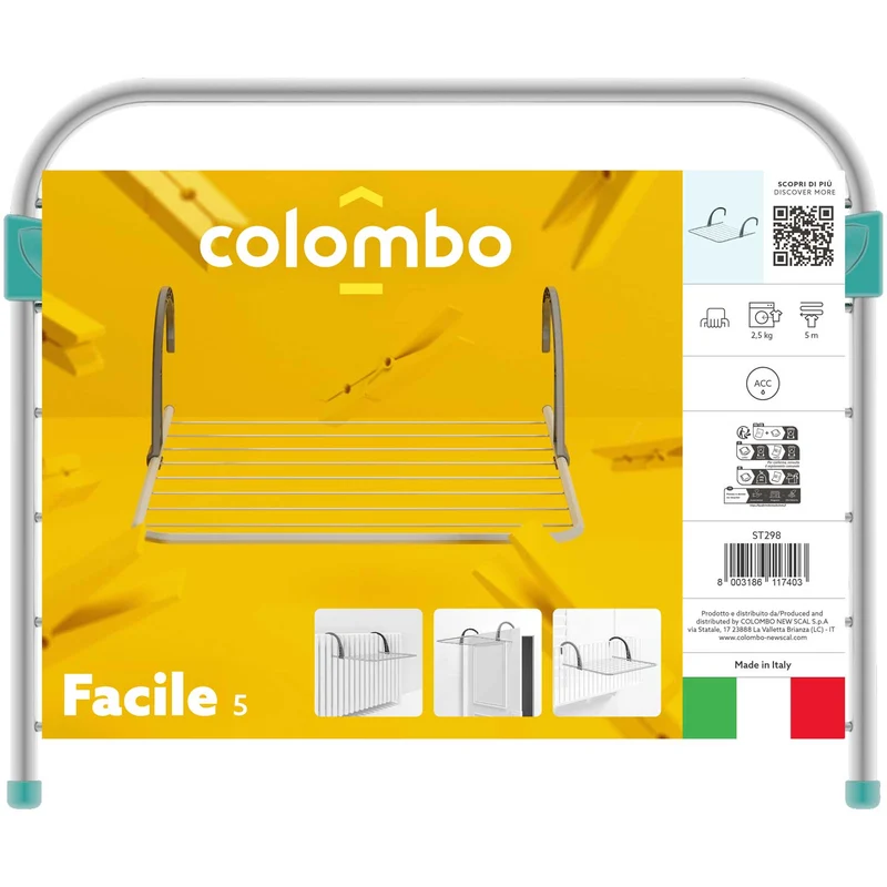 Colombo Facile 5 - Etendoir de Porte, Sechoir Porte, Séchoir Radiateur et Balcon, Petit Etendoir a Linge Pliable, 5 m d'etendage, Acier