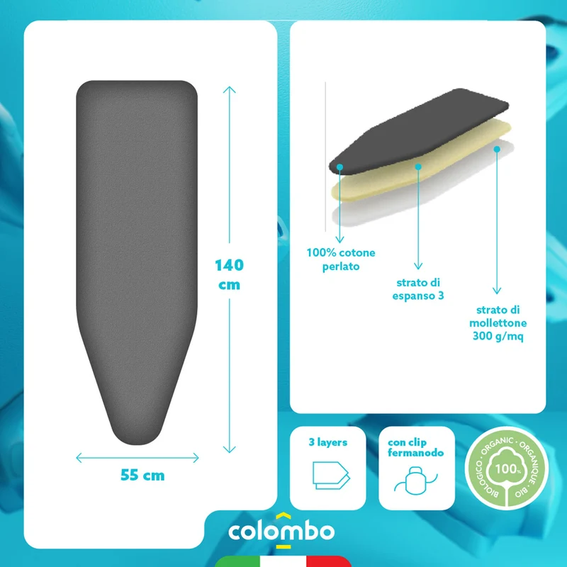 Colombo Perlate XL – Housse de table à repasser 3 épaisseurs, 140 × 55 cm, coton métallisé