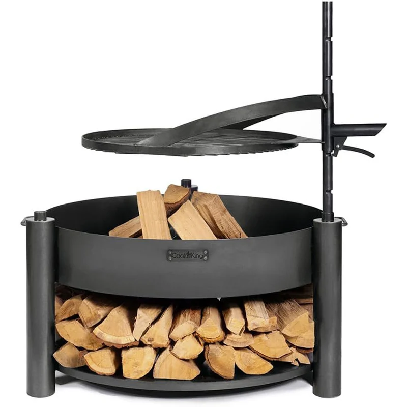 Cook King MONTANA X – Brasero extérieur en acier avec grille réglable, range-bûches, Ø 80 cm
